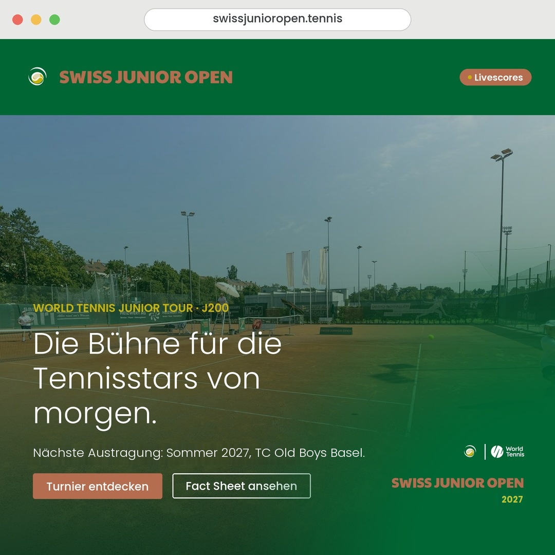 Startseite der neuen Website swissjunioropen.tennis mit dem Claim «Die Bühne für die Tennisstars von morgen.»